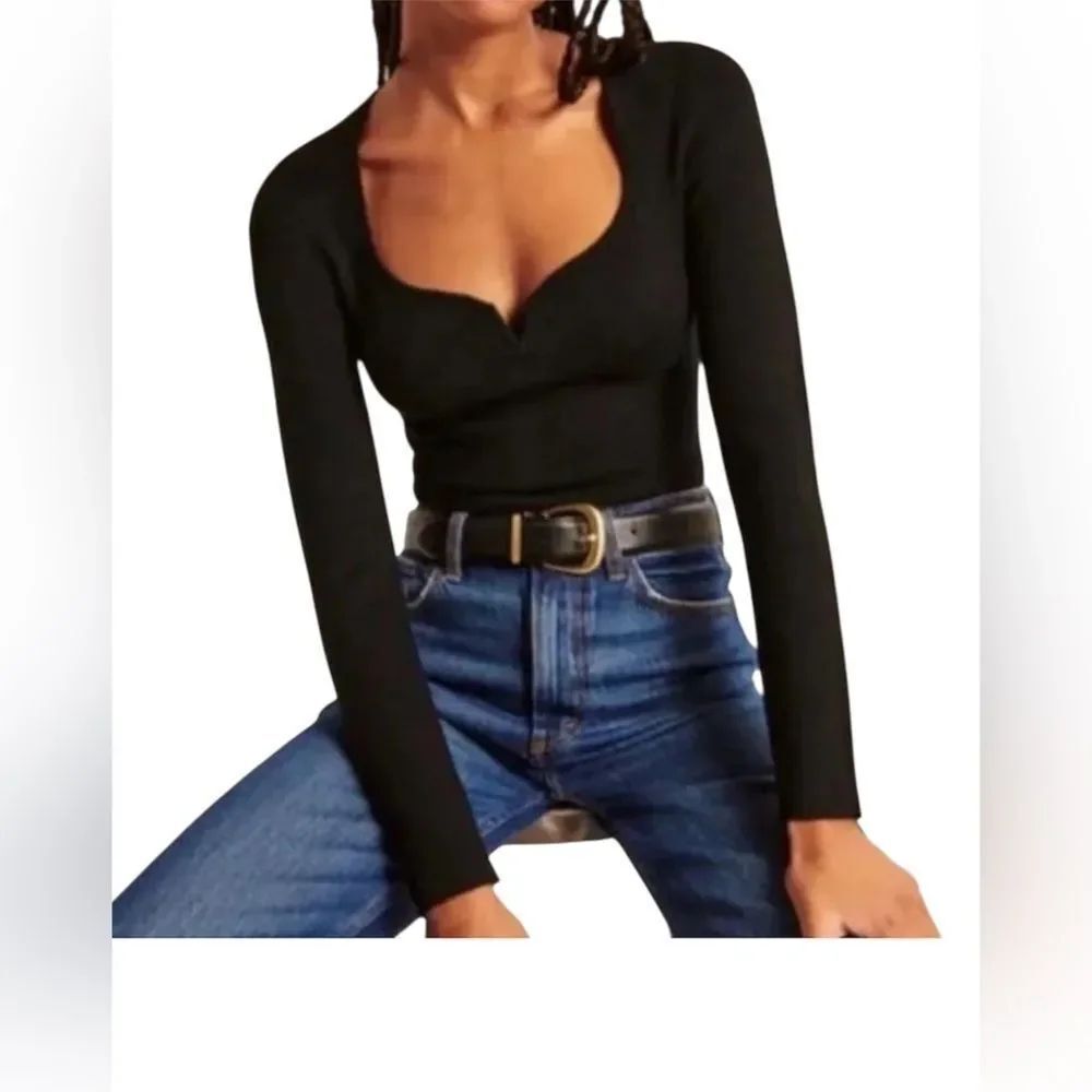 Abercrombie & Fitch Black Long-Sleeve Sweetheart Neck Corset bodysuit